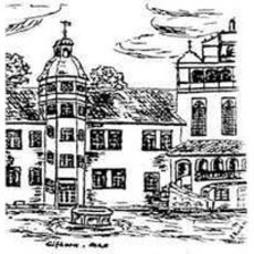 Federstrichzeichnung von Eckhard Korth; zeigt den Innenhof des Gifhorner Schlosses